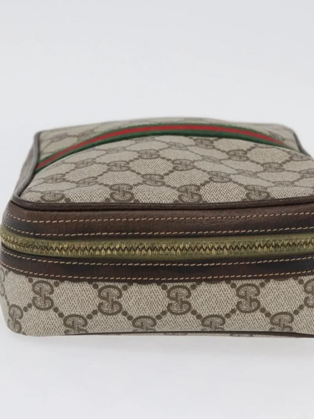 GUCCI GG Supreme Web Sherry Line Clutch Bag PVC Beige Red Green Auth ka3285